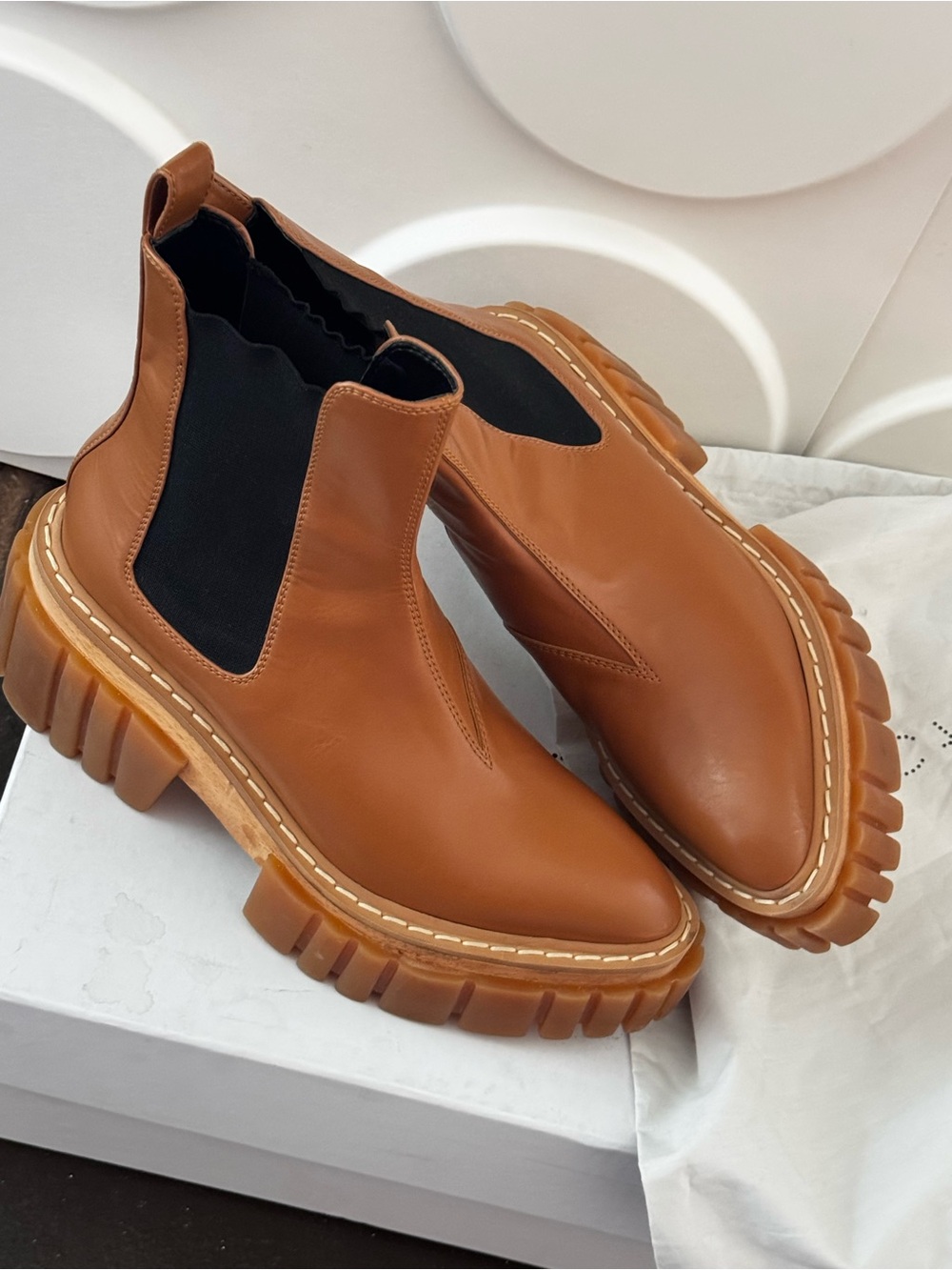 Stella McCartney Emilie Half Boots Size 38.5, in Caramel Tan & Black, Box & Bag